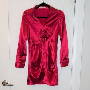 Morrisday Satin Hot Pink Y2K Barbie Long Sleeve Button Up Dress Size XS